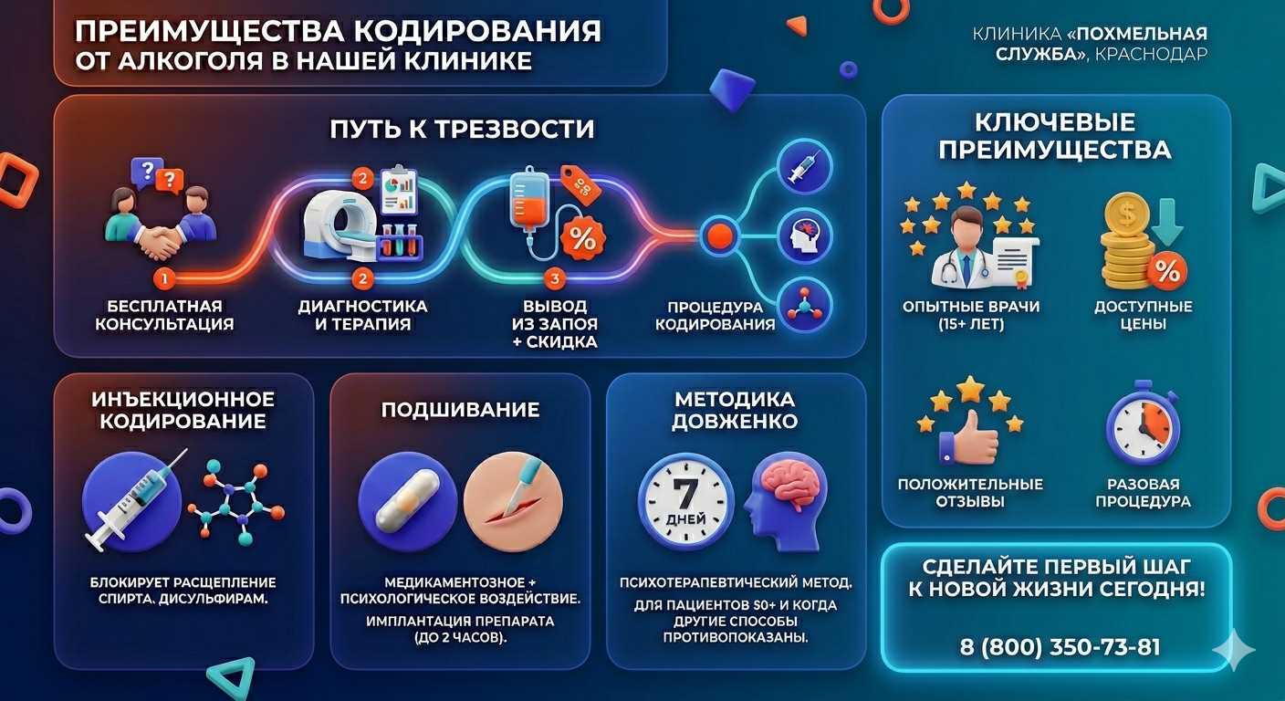 Инфографика о методах кодирования от алкоголя в Торопце: инъекции, подшивание, метод Довженко. Преимущества клиники и этапы лечения.